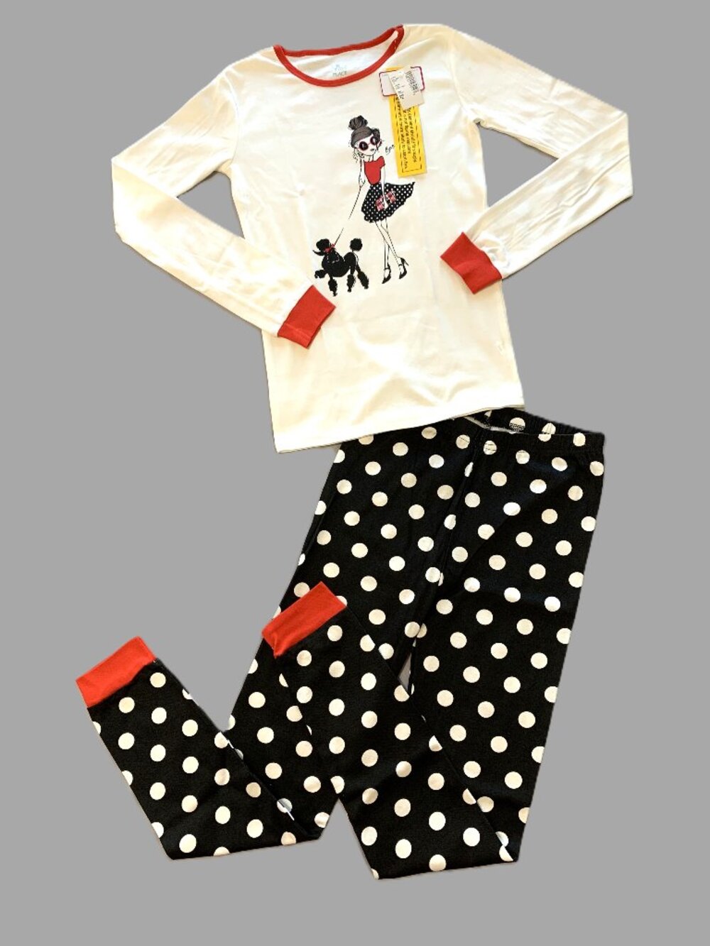 New Girls Fashion Poodle Long Sleeve Polka Dot Print Pajama Set Pants Size 12